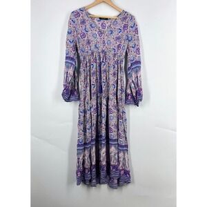 Few Moda New York Purple Floral Leopard Tiered Boho Maxi Dress Small V-Neck Bell
